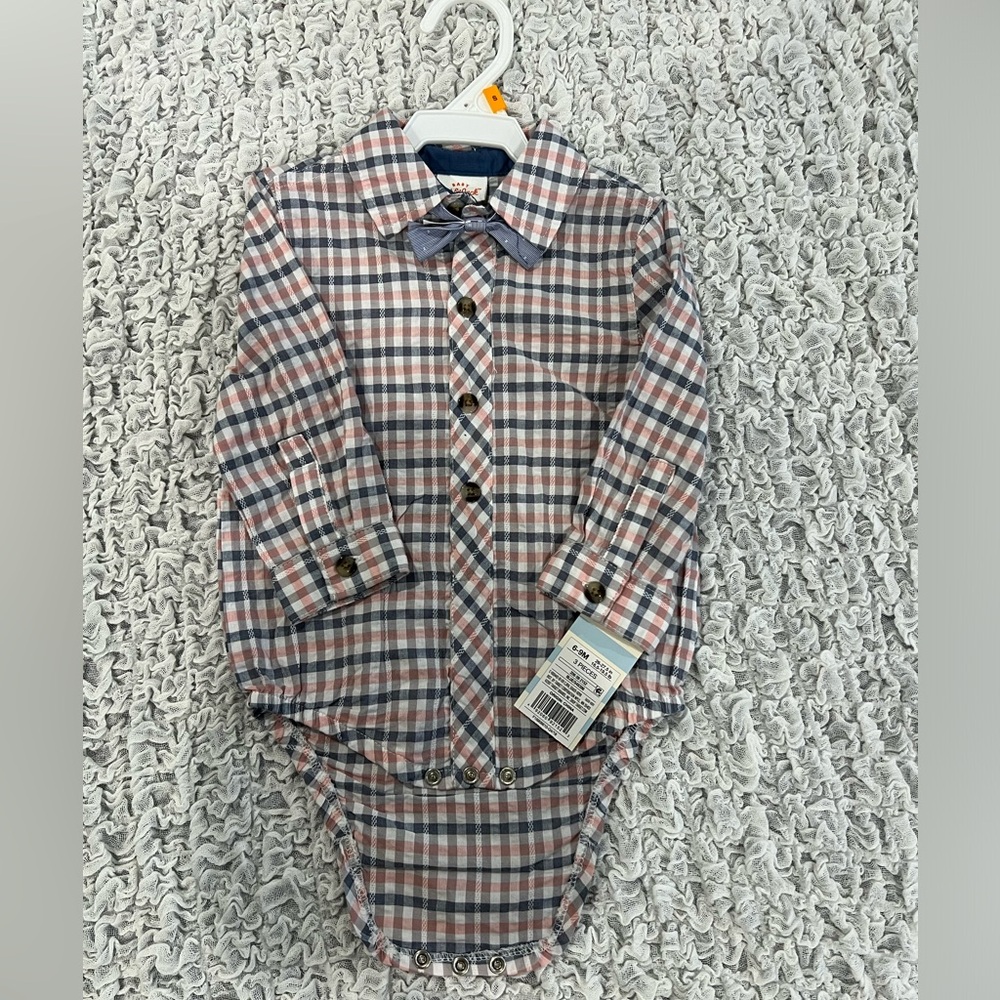Plaid pink & blue shirt with bow tie